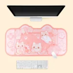 Charming Cherry Blossom Cat Desk Mat & Mouse Pad: A playful cat amidst delicate pink blossoms on a soft pastel background, highlighting aesthetic comfort.