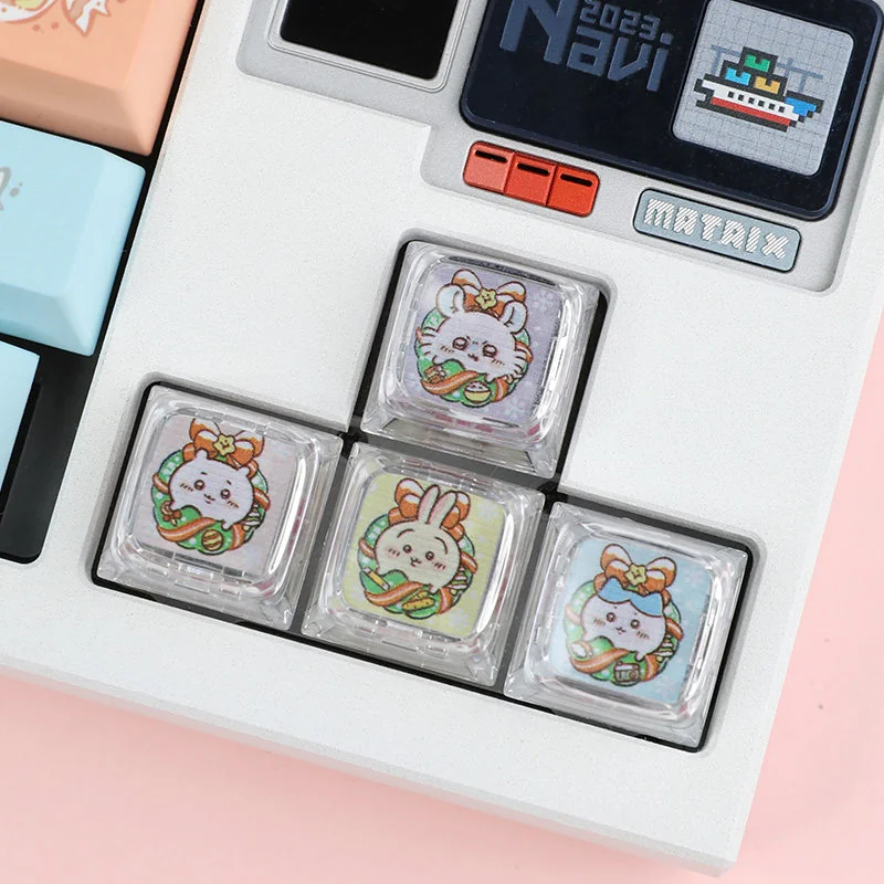 A whimsical Chiikawa Christmas artisan keycap with festive holiday designs, shown from a unique angle, ready to add joyful charm to your keyboard.