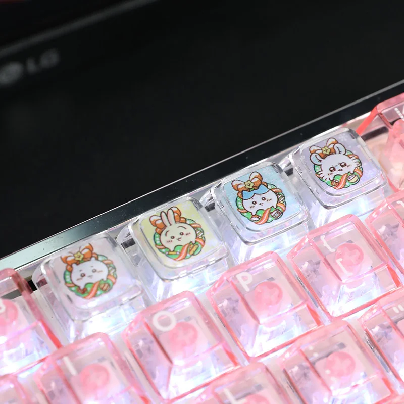 Adorable Chiikawa Christmas artisan keycaps for mechanical keyboards, showcasing whimsical characters in festive holiday designs from various playful design.