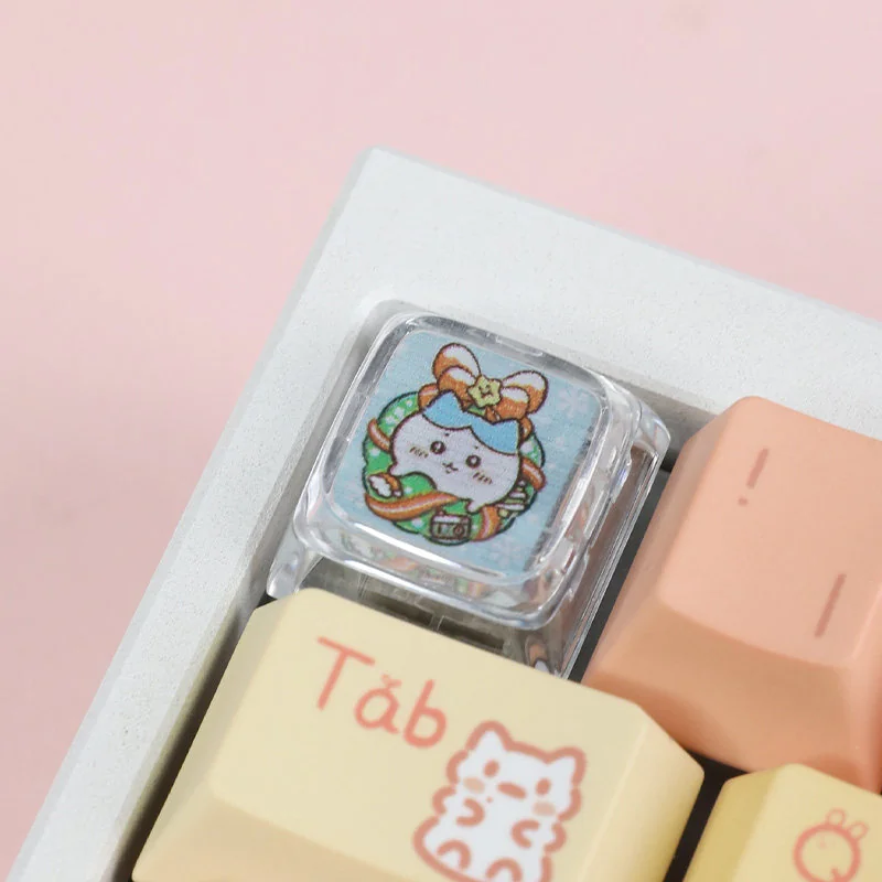 Adorable Hachiware Chiikawa Christmas keycap, a playful artisan charm featuring the beloved character in festive holiday attire, perfect for joyful keyboard.