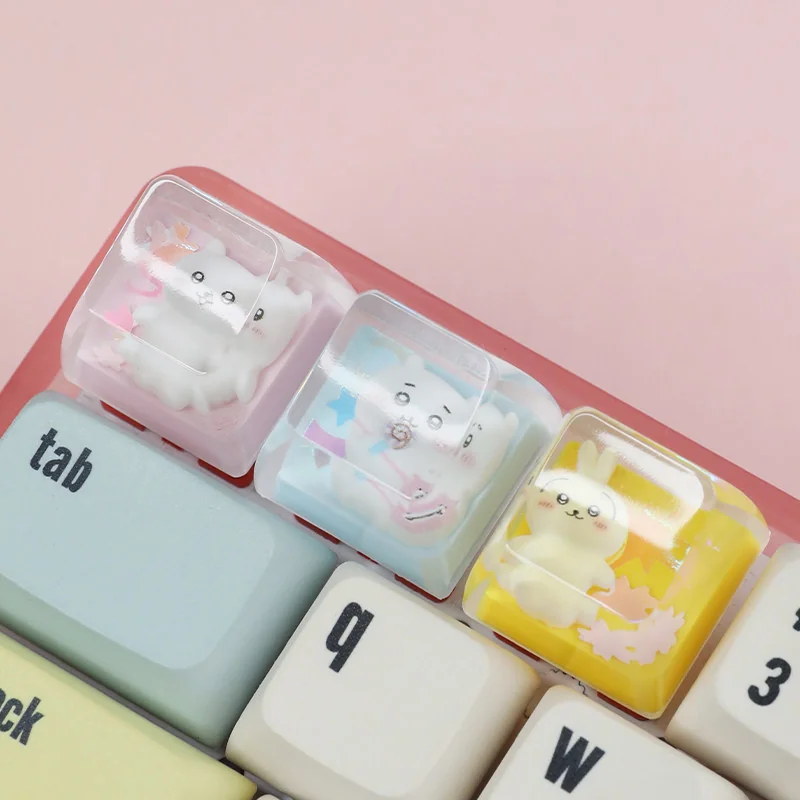 Close-up of a charming Chiikawa handcrafted resin ESC keycap, showcasing its vibrant translucent details and adorable character from multiple playful design.