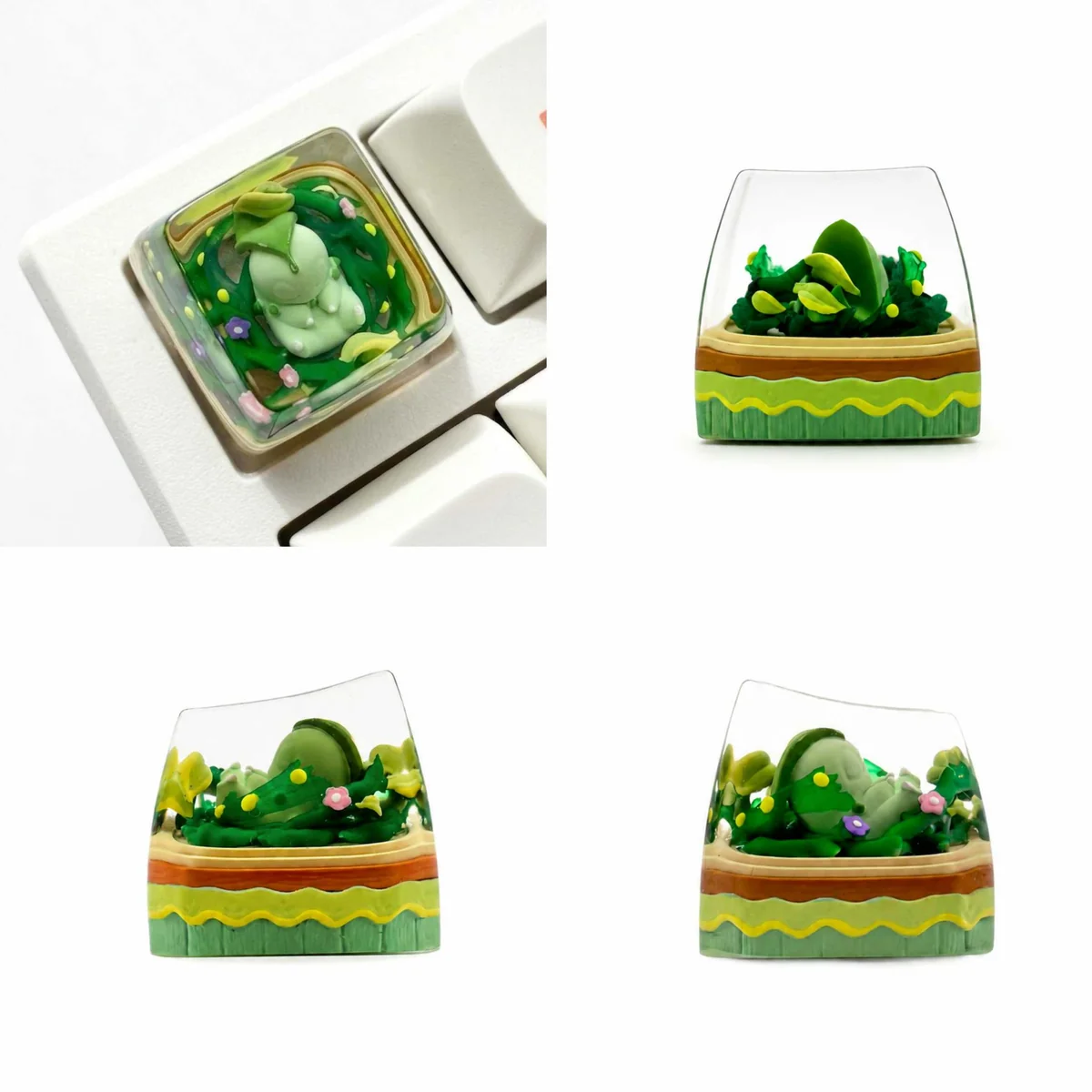 Close-up of a handcrafted Chikorita Pokemon SA resin keycap, revealing its vibrant translucent green and meticulously sculpted details.