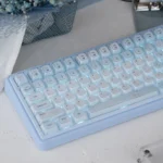 Adorable Cinnamoroll crystal jelly keycaps presented from a playful angle, showcasing their sparkling translucent pastel character designs and unique.