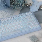 Adorable Cinnamoroll crystal jelly keycap set, showcasing various angles of the whimsical translucent pastel keycaps with sparkling crystal-like.