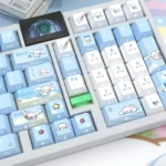 Dreamy Cinnamoroll PBT keycaps set, showcasing cute translucent side-printed legends and soft pastel glow from various angles. Ideal for a playful keyboard.