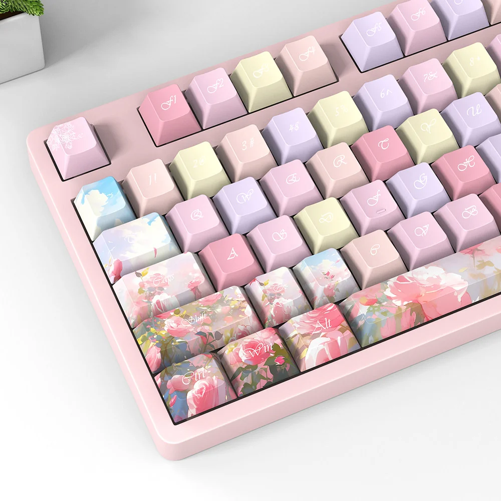 Colorful rose keycaps set, featuring vibrant PBT dye-sublimated, intricate rose patterns. Artistic, detailed view highlights rich, lasting colors.