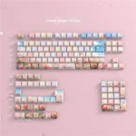 Vibrant PBT dye-sublimated rose keycaps set. Intricate floral patterns and rich, lasting colors are showcased from multiple artistic angles.