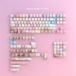 Vibrant PBT dye-sublimated rose keycaps set, elegantly displayed from an artistic angle, revealing intricate floral patterns and rich, lasting colors.