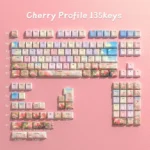 Vibrant PBT dye-sublimated rose keycaps set showcasing colorful, translucent front-engraved artistry across a full 135-key set, enhancing any mechanical keyboard.