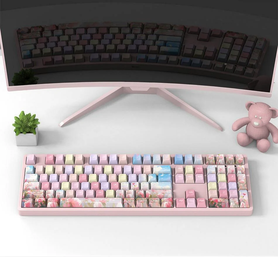 Colorful rose keycaps set, showcasing vibrant PBT dye-sublimated intricate rose patterns on a keyboard for an artistic, lasting display.
