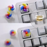 Handcrafted rotating colorful spinning windmill keycap from a unique angle, showcasing its vibrant miniature design and dynamically spinning blades.