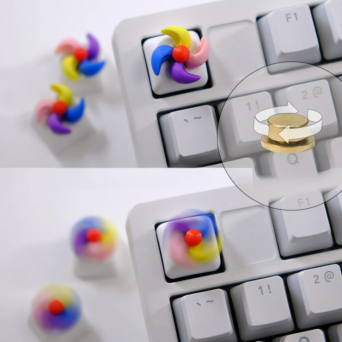 Handcrafted rotating colorful spinning windmill keycap from a unique angle, showcasing its vibrant miniature design and dynamically spinning blades.