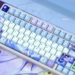 Detailed view of exclusive Columbina Genshin Impact PBT keycaps set, highlighting enigmatic side-lit legends and elegant character art from a unique personality design.