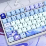 Detailed shot of exclusive Columbina Genshin Impact PBT keycaps set, revealing enigmatic character art and subtle side-lit legends from an artistic angle.
