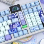 An elegant close-up of the Genshin Impact Columbina PBT keycaps set, showcasing the enigmatic side-lit legends and artistic character design from a unique setup.