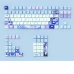 Close-up of elegant Columbina keycaps set, revealing intricate Genshin Impact character art and the subtle glow of PBT side-lit legends, emphasizing artistic angle.