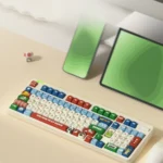 Close-up of Whimsical Cow Ranch PBT Keycaps Set, revealing playful cow prints, charming farm animals, and crisp dye-sub legends, highlighting their durable PBT.