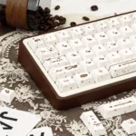 Playful Cozy Chocolate PBT Keycaps Set, showing premium PBT, warm hues, and unique crisp design from various angles.