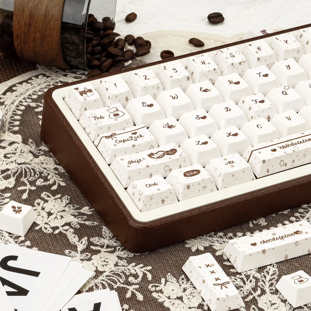 Playful Cozy Chocolate PBT Keycaps Set, showing premium PBT, warm hues, and unique crisp design from various angles.