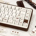 Cozy Chocolate PBT Keycaps Set displayed from a delightful angle, showcasing their premium PBT texture and unique chocolate crisp design in warm hues design.