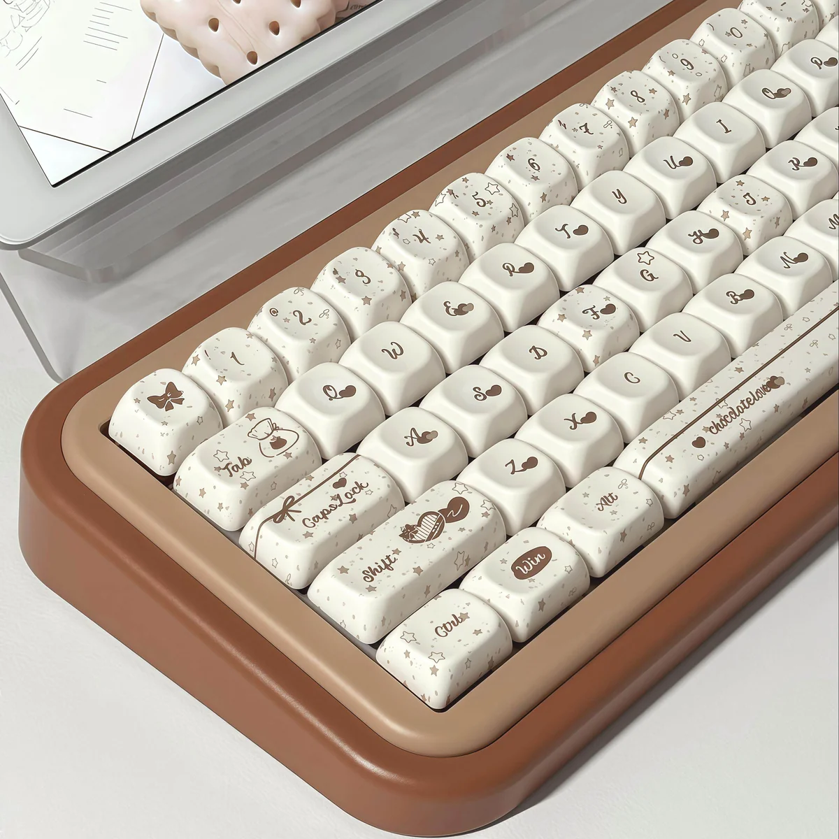 Cozy Chocolate PBT Keycaps Set, displayed from a playful, inviting angle, highlighting their warm hues and unique crisp, dessert-like design.