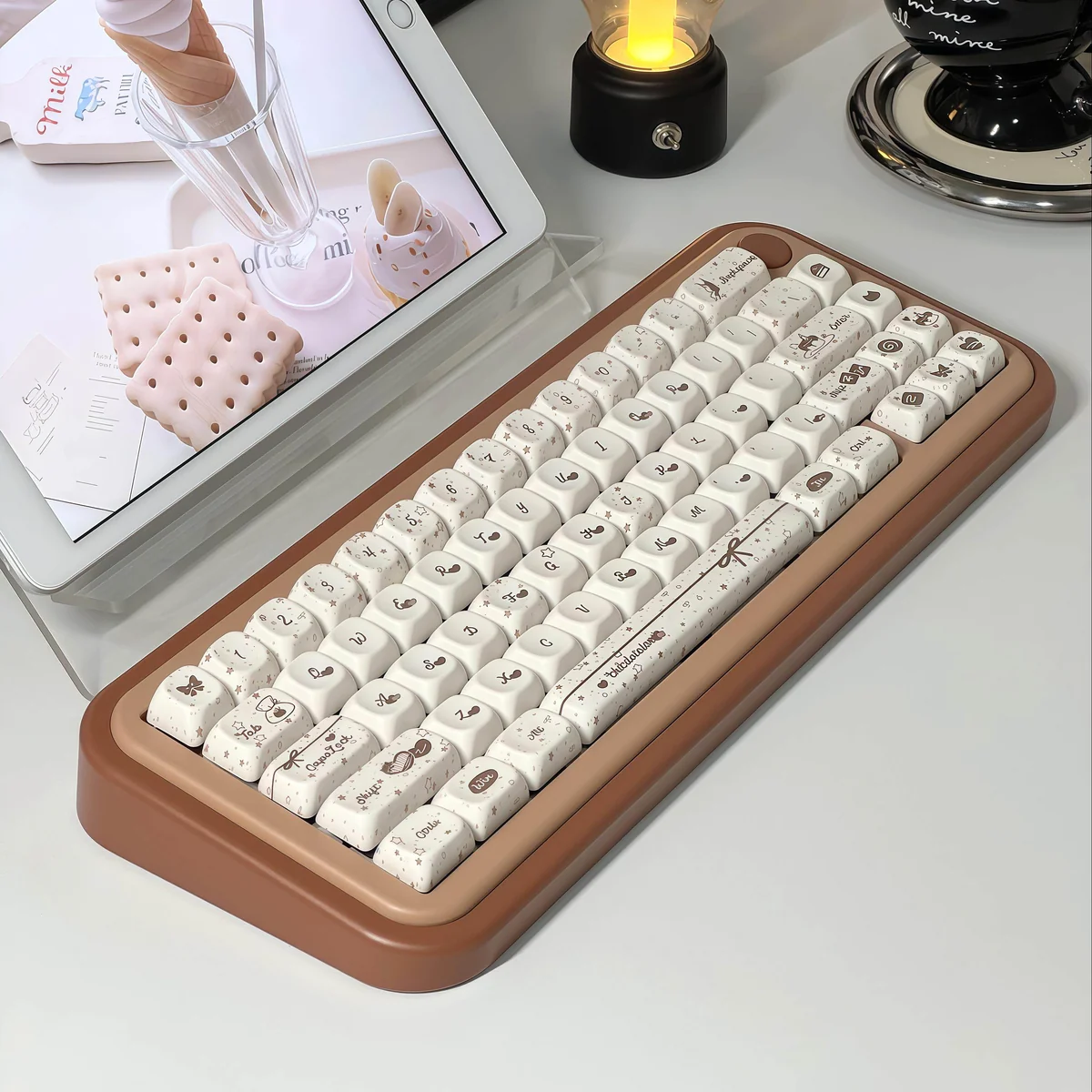 Cozy Chocolate PBT Keycaps Set, seen from different angles, reveal their premium crisp design and warm hues. A delightful, inviting upgraded version.