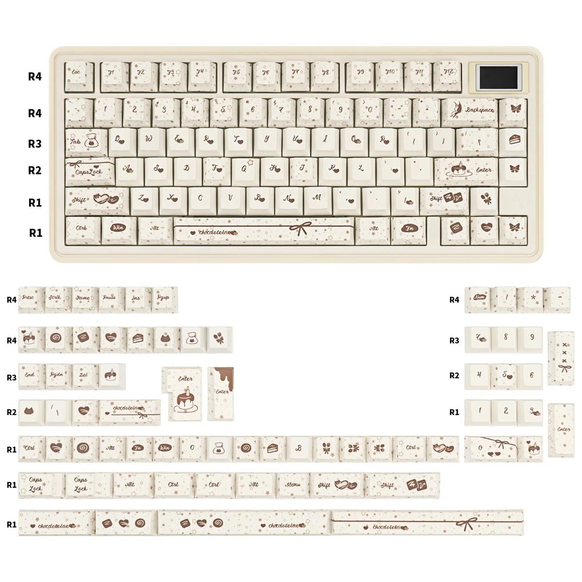 145 Keys of Chocolate Crisp PBT keycaps Set and a keycap puller. Premium, with warm hues dessert-like design.