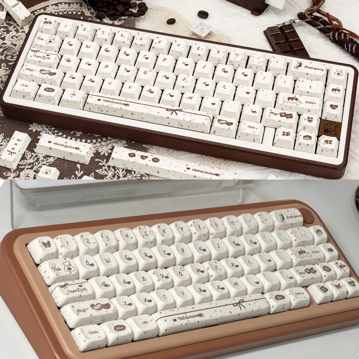 Cozy Chocolate PBT Keycaps Set showcasing a playful, unique crisp design. Premium PBT in warm hues, resembling a delightful dessert.
