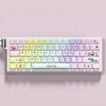 Whimsical Crayon Shin-chan PBT keycaps from multiple angles. Iconic characters and vibrant, luminous side legends highlight their durable.