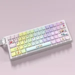 A vibrant set of Crayon Shin-chan PBT keycaps, shown from various angles, featuring playful characters ad unique luminous side legends for mechanical keyboard.