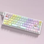 Whimsical Crayon Shin-chan PBT keycaps displayed from various playful angles, highlighting their durable PBT construction and vibrant.