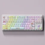 Vibrant Crayon Shin-chan PBT keycaps with luminous side legends, showcasing iconic characters and durable PBT material from different angles.