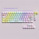 Whimsical Crayon Shin-chan PBT keycaps with luminous side legends. Durable PBT and iconic characters are shown from multiple angles.