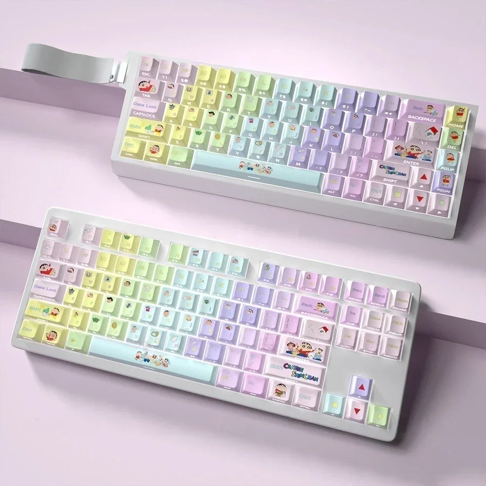 Playful Crayon Shin-chan PBT keycaps featuring iconic characters and vibrant, luminous side legends, perfect for a whimsical keyboard upgrade.