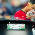 Vibrant Cristiano Ronaldo Portugal PBT keycap set from multiple angles, showcasing exclusive CR7 iconography and patriotic colors.