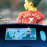 Vibrant Cristiano Ronaldo Portugal PBT keycap set showcased from multiple angles, highlighting dynamic CR7 and national team designs with patriotic themed design.