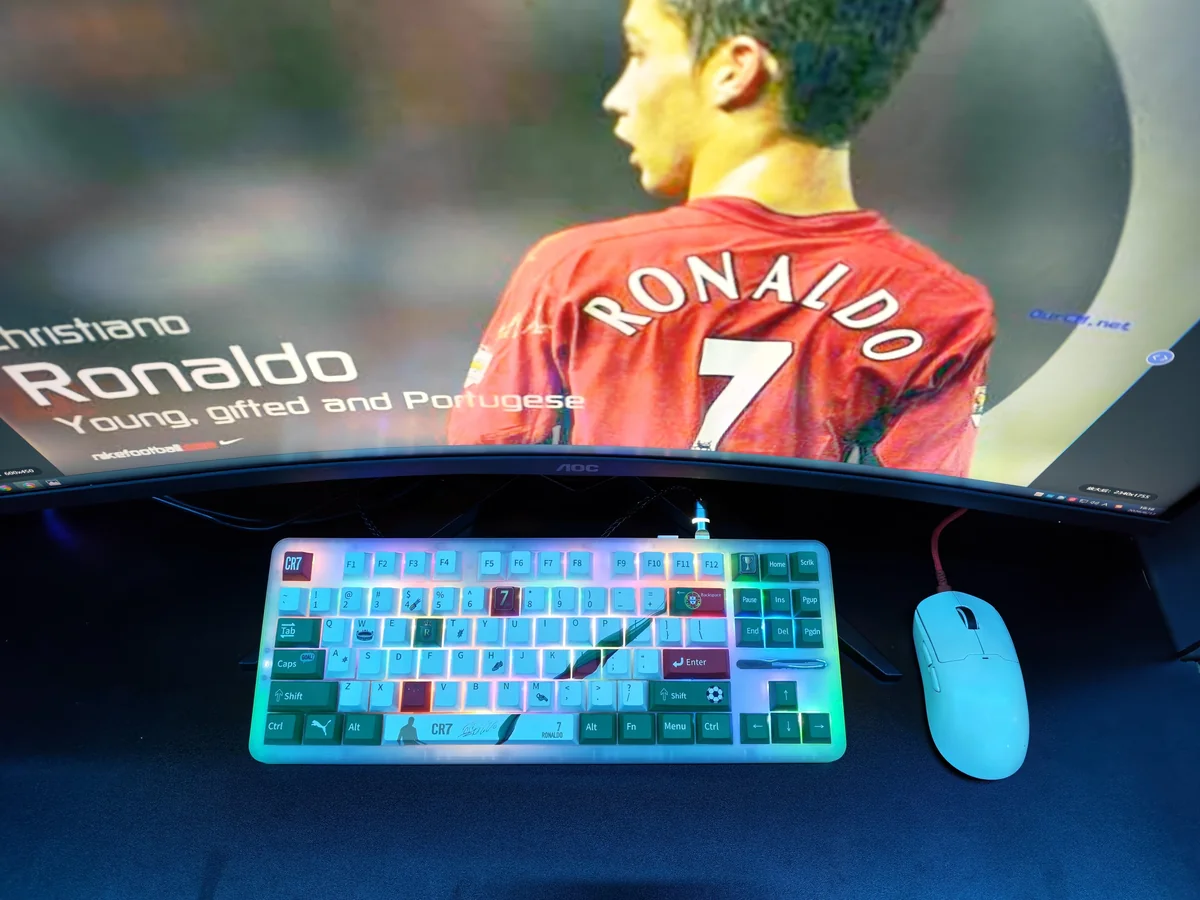 Vibrant Cristiano Ronaldo Portugal PBT keycap set showcased from multiple angles, highlighting dynamic CR7 and national team designs with patriotic themed design.