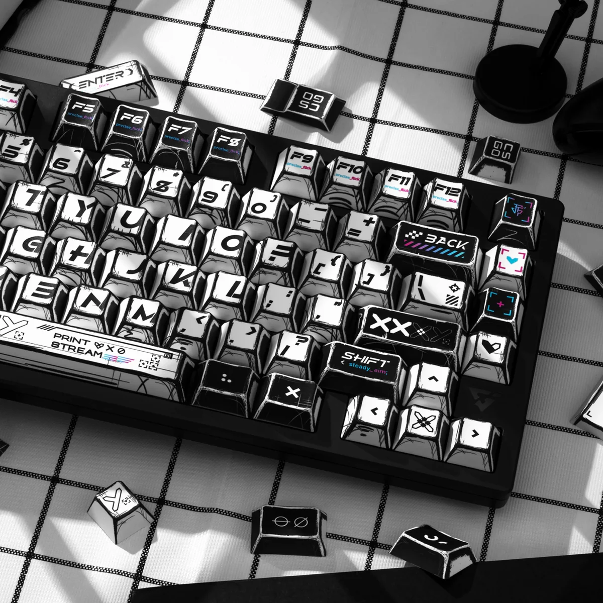 Dynamic CSGO Printstream keycaps set in a gallery, revealing their exclusive comic art and graffiti designs from various angles to unleash your gaming spirit.
