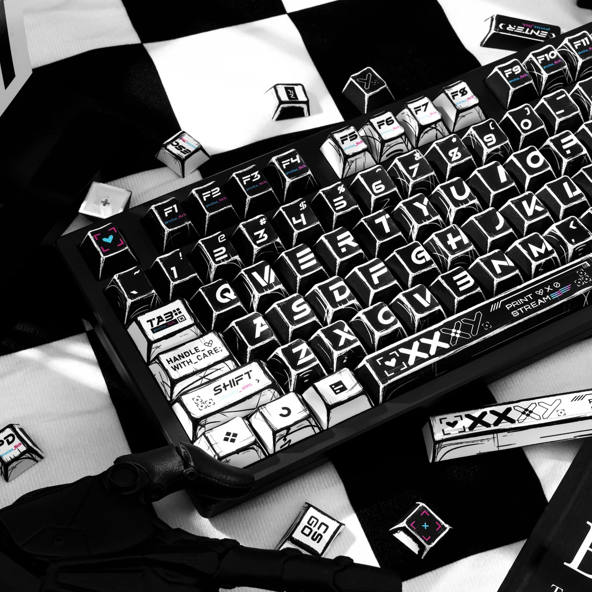 Gallery of CSGO Printstream Keycaps Set from different angles, showcasing exclusive comic and graffiti art, inspired by the iconic Printstream skin.