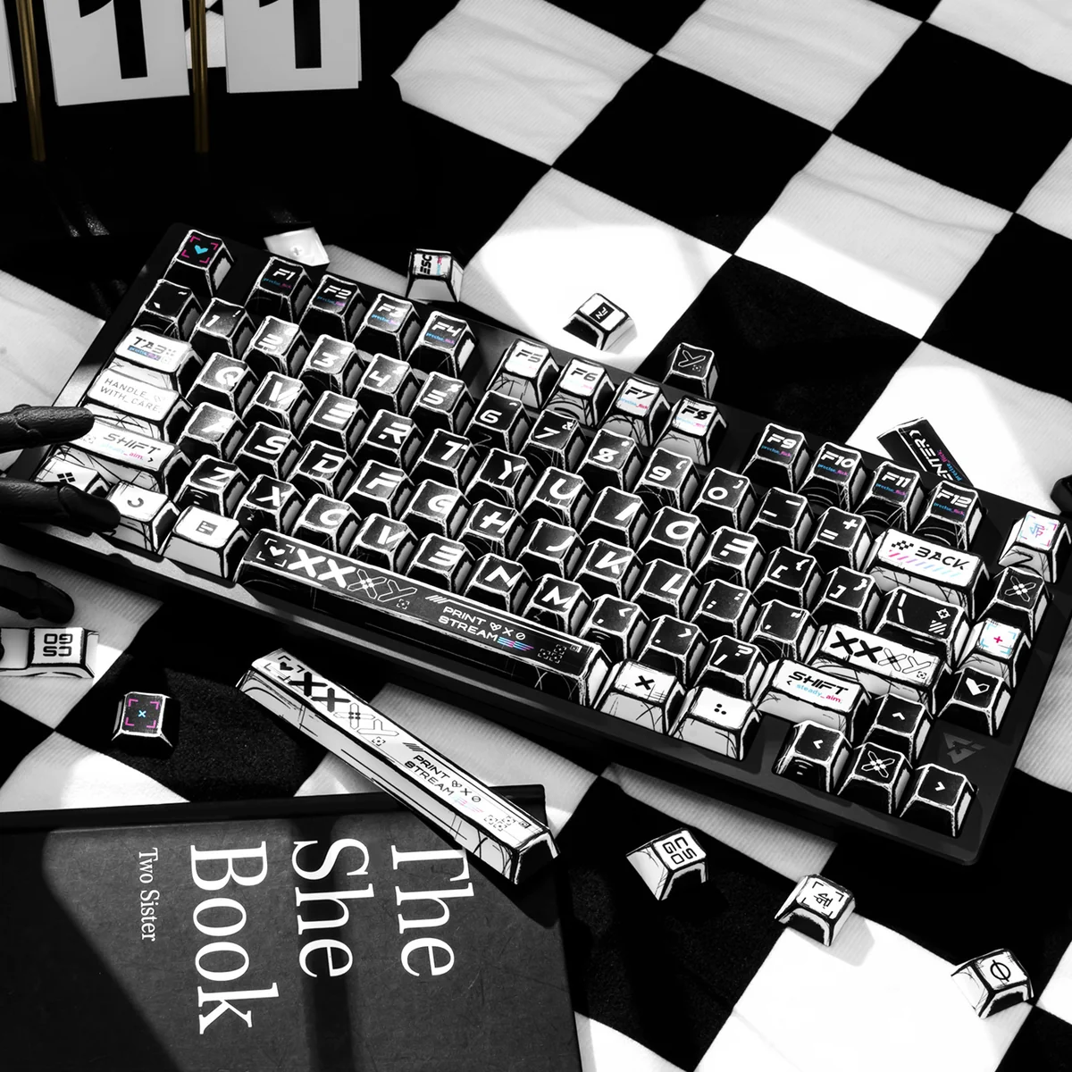 Dynamic CSGO Printstream Keycaps Set showcased from various angles, highlighting the exclusive comic book and graffiti art designs that unleash your gaming aesthetics.