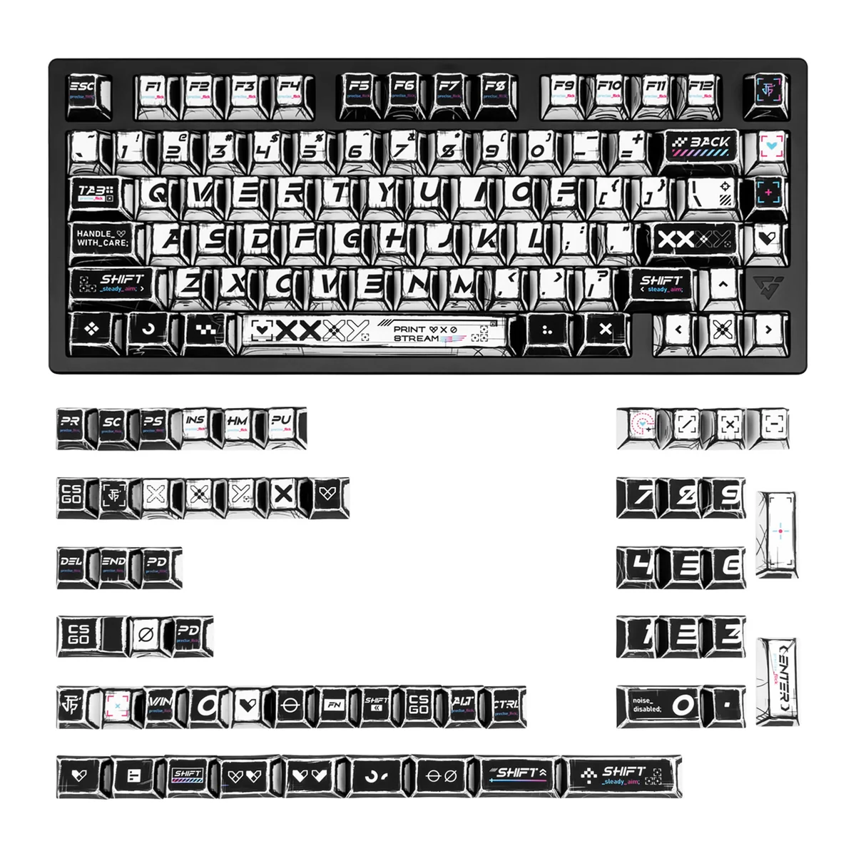 White CSGO Printstream keycaps set featuring dynamic comic book art design, a 135-key set for avid gamers.