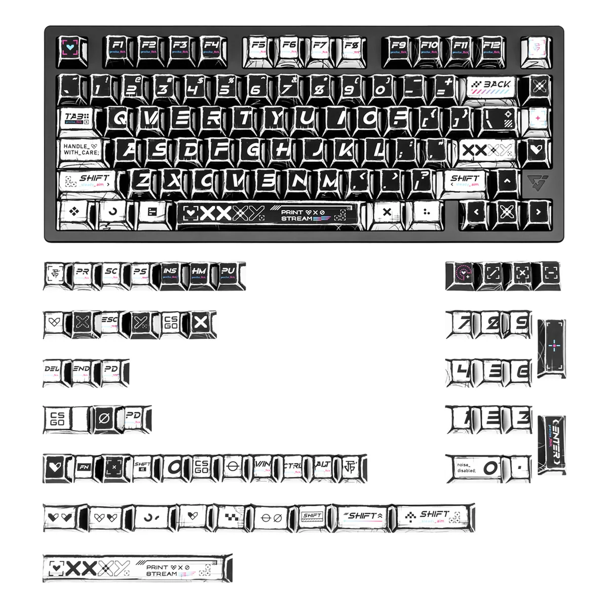 CSGO Printstream Black Comic 135-keycap set, featuring exclusive dynamic comic art. Unleash your playful gaming spirit!