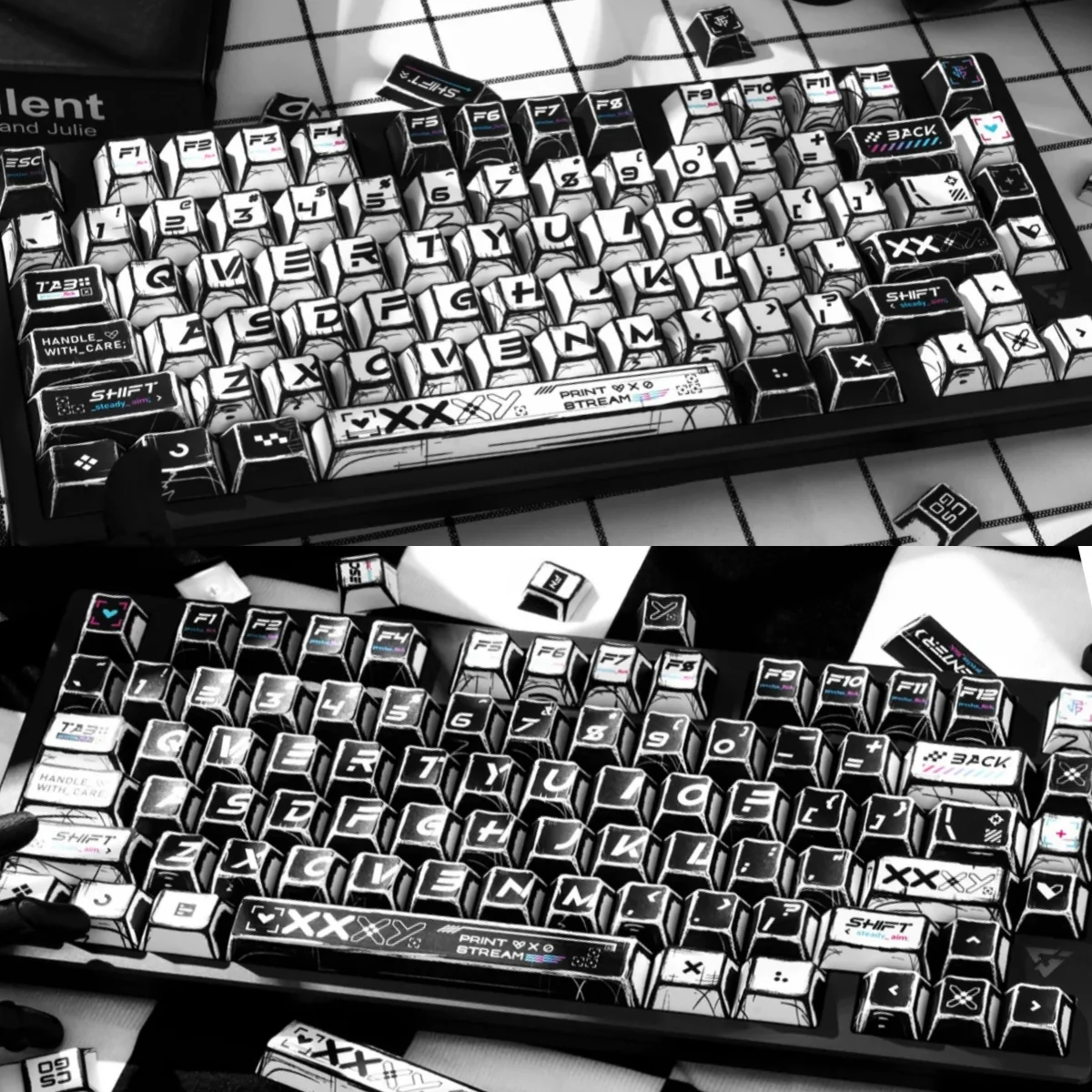 Dynamic CSGO Printstream Keycaps Set featuring exclusive comic art and vibrant manga graffiti, igniting your gaming spirit with playful energy.