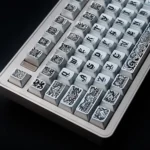 Detailed view of Cthulhu PBT keycaps set, showcasing the intricate tactile relief and metallic silver finish. This artistic angle captures the dark cosmic design.