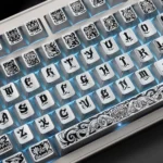 Artistic shot of Cthulhu PBT keycaps set from multiple angles, highlighting their intricate tactile relief, metallic silver finish, and dark cosmic horror design.