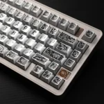An artistic close-up of the Cthulhu PBT keycaps set, highlighting the tactile relief and metallic silver finish. These cosmic horror keycaps feature ancient gods design.