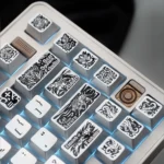 Cthulhu PBT keycaps set. Multiple views highlight tactile relief, metallic finish, and dark cosmic horror design with ancient mythical details.