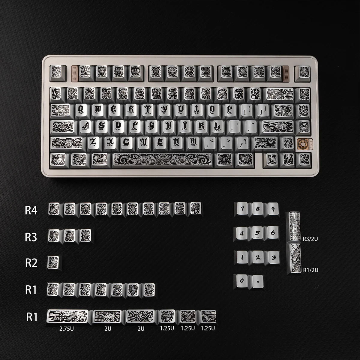 Tactile Cthulhu PBT keycaps set with metallic silver finish, shown from multiple angles. Reveals intricate cosmic horror and ancient mythical designs.