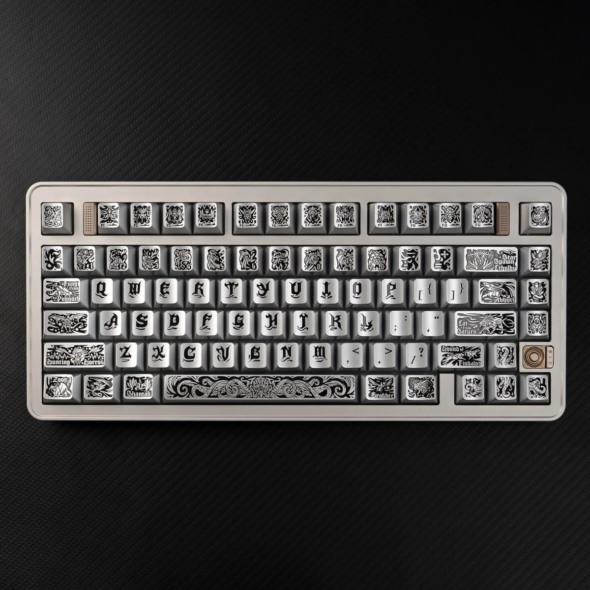 Striking close-up of Cthulhu PBT keycaps set, revealing their tactile cosmic horror design and metallic silver finish. An artistic and unique keyboard style.