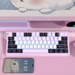 A collection of cute rabbit PBT dye-sub keycaps set from various angles, showcasing the charming minimalist illustrations and whimsical aesthetic.